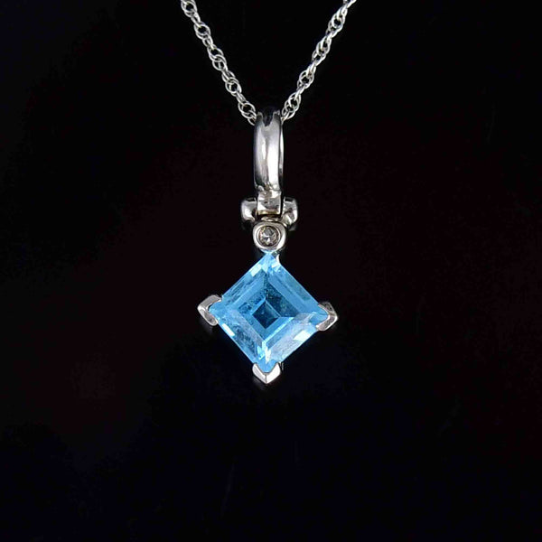 Vintage 10K White Gold Diamond Blue Topaz Pendant Necklace - Boylerpf