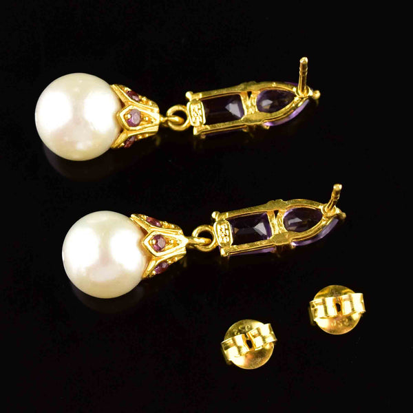 Vintage Amethyst Pearl Stud Drop Earrings - Boylerpf