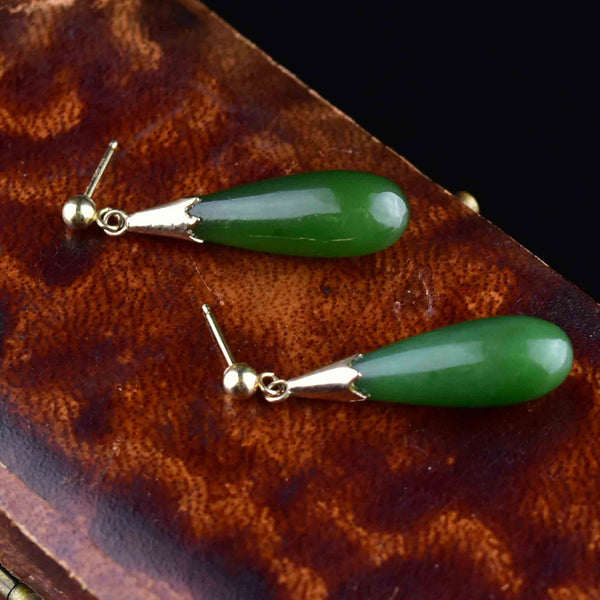 Vintage Natural Jade Teardrop Pendant Earrings in 14K Gold - Boylerpf