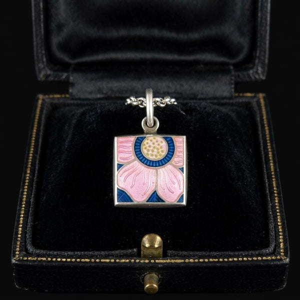 Sterling Silver Arts & Crafts Enamel Lotus Flower Necklace