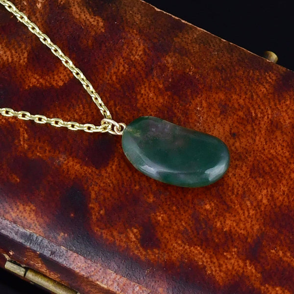 Vintage 9K Gold Moss Agate Lucky Bean Necklace