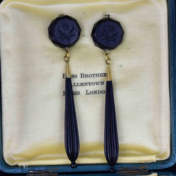 Antique Carved Whitby Jet French Jet Mourning Drop Earrings - Boylerpf