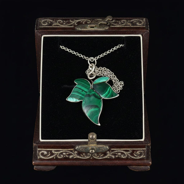 Antique Victorian Malachite Silver Ivy Leaf Pendant Necklace - Boylerpf