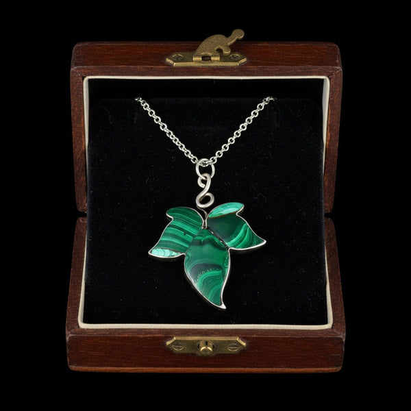 Antique Victorian Malachite Silver Ivy Leaf Pendant Necklace - Boylerpf