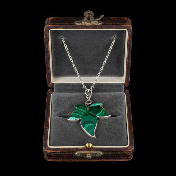 Antique Victorian Malachite Silver Ivy Leaf Pendant Necklace - Boylerpf