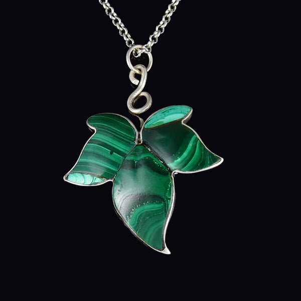 Antique Victorian Malachite Silver Ivy Leaf Pendant Necklace - Boylerpf