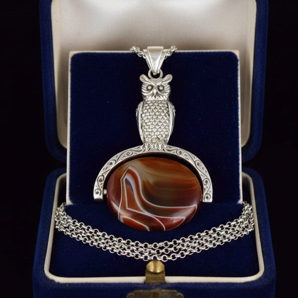 Vintage Banded Agate Sterling Silver Owl Spinner Necklace