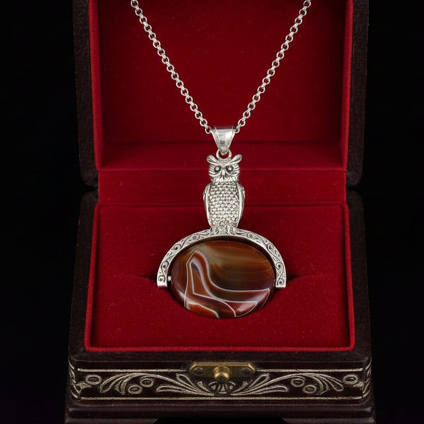 Vintage Banded Agate Sterling Silver Owl Spinner Necklace