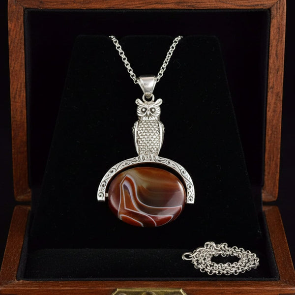 Vintage Banded Agate Sterling Silver Owl Spinner Necklace