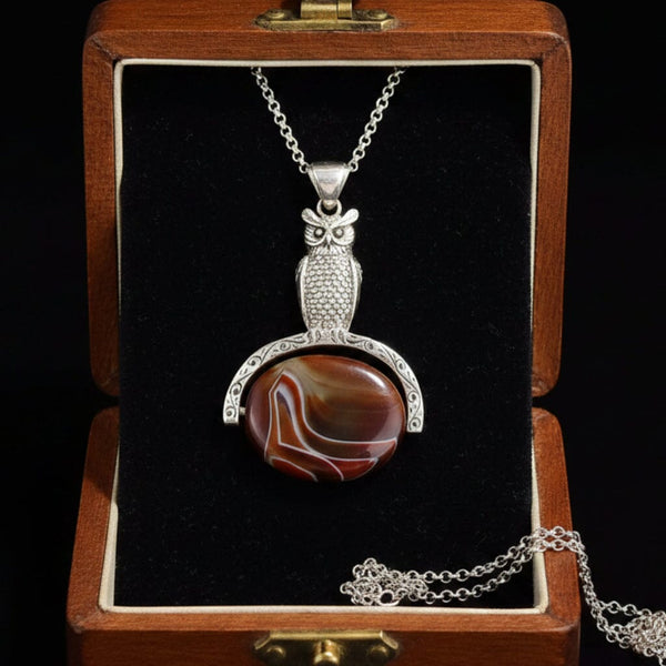 Vintage Banded Agate Sterling Silver Owl Spinner Necklace