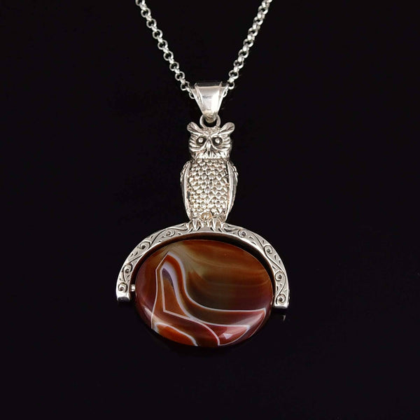 Vintage Banded Agate Sterling Silver Owl Spinner Necklace