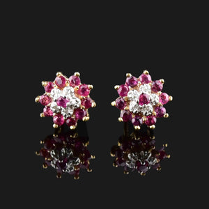 Vintage 10K Gold Diamond Ruby Cluster Stud Earrings - Boylerpf