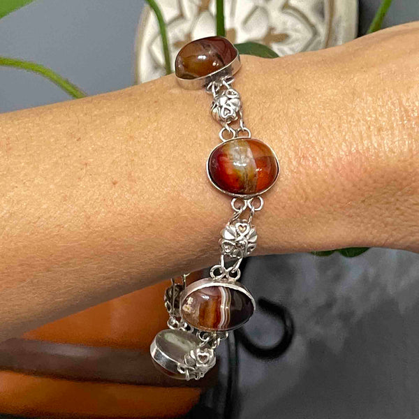 Arts and Crafts Style Silver Floral Banded Agate Bracelet - Boylerpf