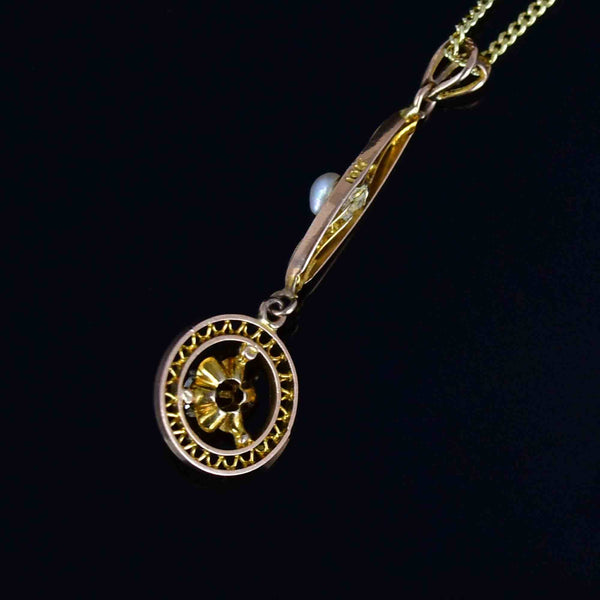 Antique 10K Gold Buttercup Diamond Pearl Target Lavaliere Necklace - Boylerpf