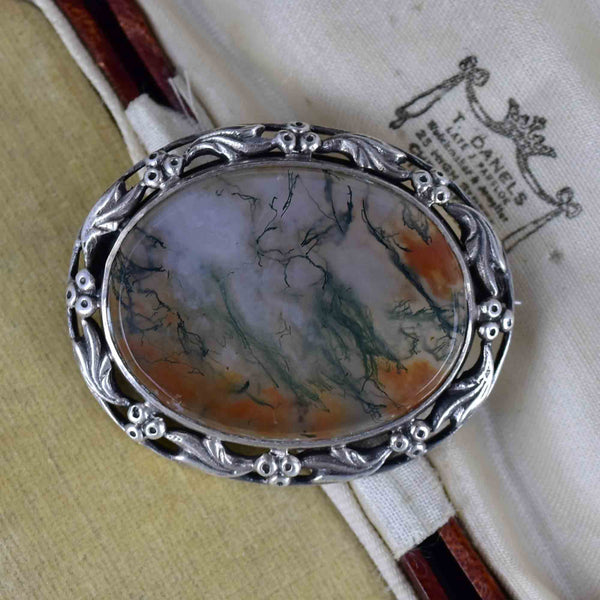 Silver Arts and Crafts Grape Leaf Scottish Moss Agate Brooch - Boylerpf