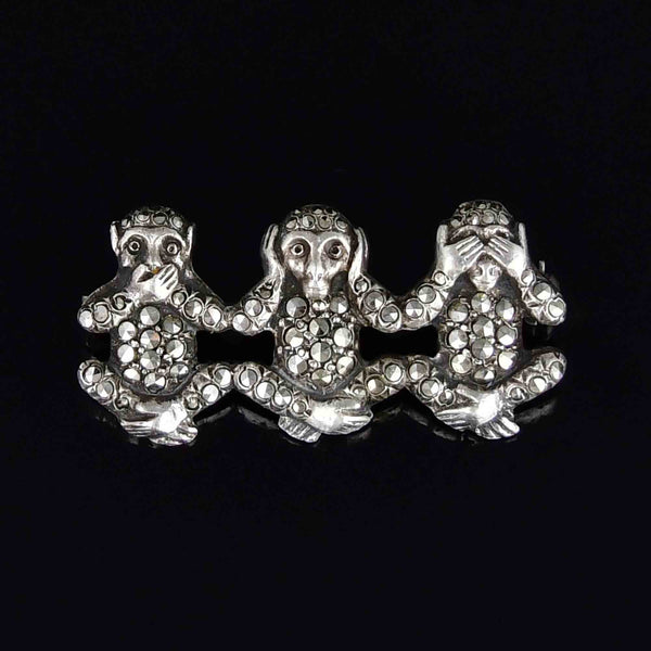 Sterling Silver Marcasite See, Hear, Speak No Evil Monkey Brooch - Boylerpf