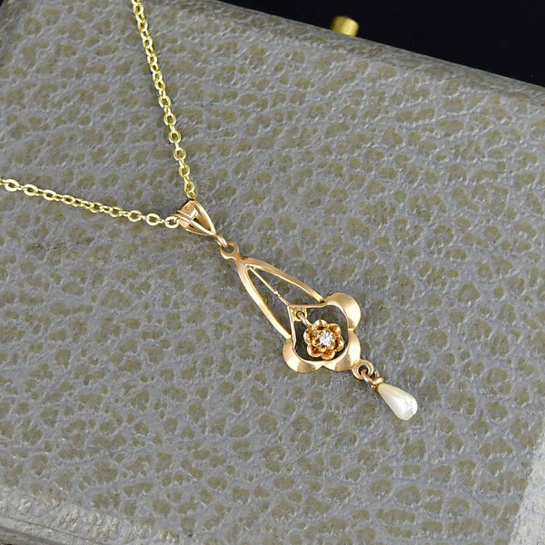 Antique Edwardian 10K Gold Diamond Pearl Lavalier Necklace - Boylerpf
