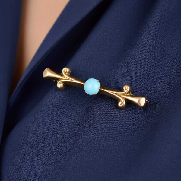 Antique 9K Gold Edwardian Turquoise Brooch Pin - Boylerpf