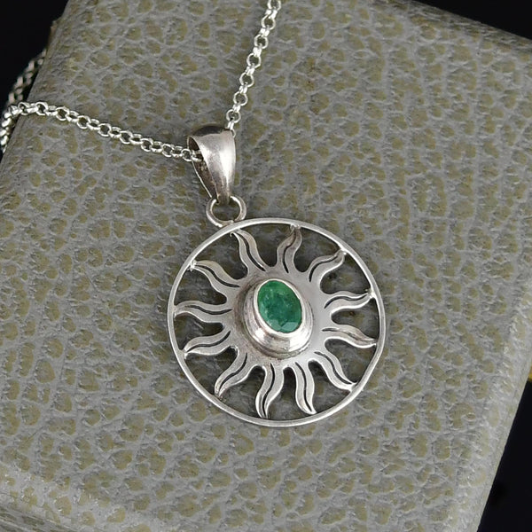 Vintage Emerald Sterling Silver Sun Pendant Necklace