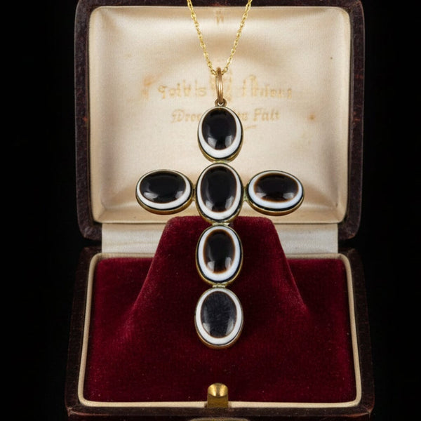 Victorian Bullseye Agate Cross Pendant Pinchbeck Necklace