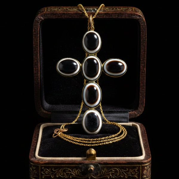 Victorian Bullseye Agate Cross Pendant Pinchbeck Necklace