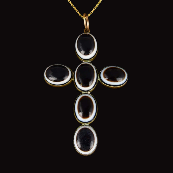 Victorian Bullseye Agate Cross Pendant Pinchbeck Necklace