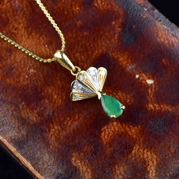 14K Gold Fan Diamond Emerald Pendant Necklace - Boylerpf