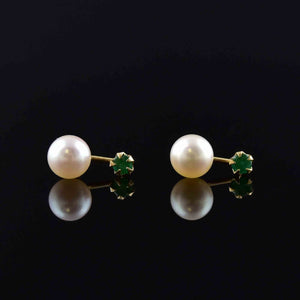 Vintage 14K Gold Emerald Pearl Stud Drop Earrings - Boylerpf