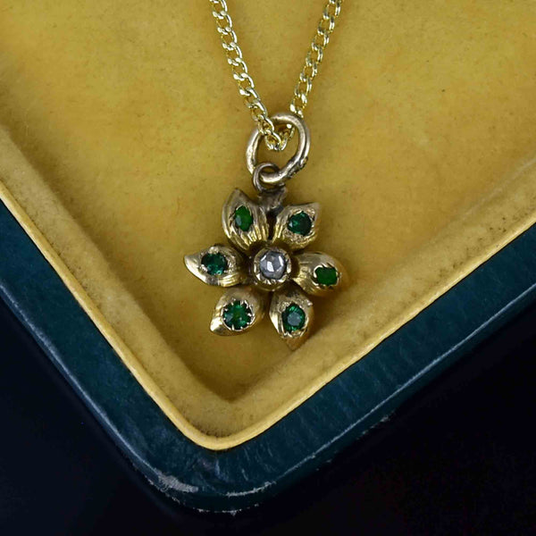 Antique 14K Gold Diamond Emerald Flower Charm Pendant Necklace - Boylerpf