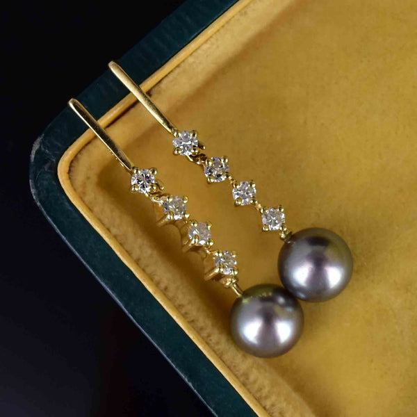 Fine 14K Gold Diamond Gray Pearl Dangle Earrings - Boylerpf