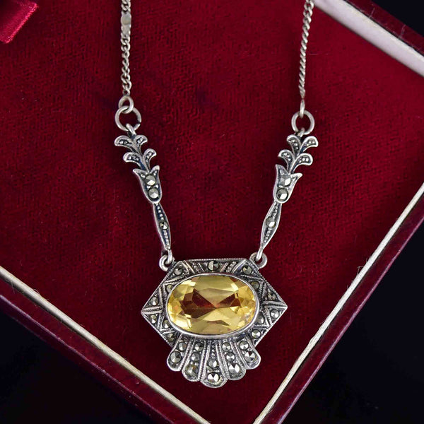 Silver Art Deco Citrine Marcasite Shell Floral Necklace - Boylerpf
