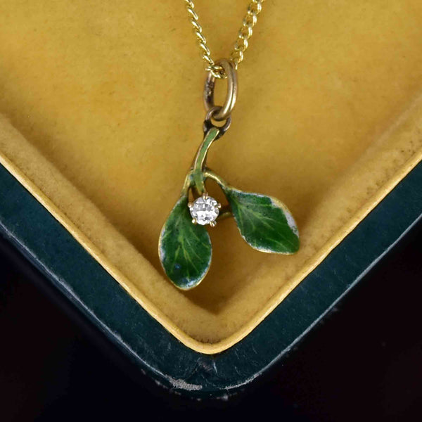 14K Gold Diamond Green Enamel Mistletoe Leaf Pendant Necklace - Boylerpf