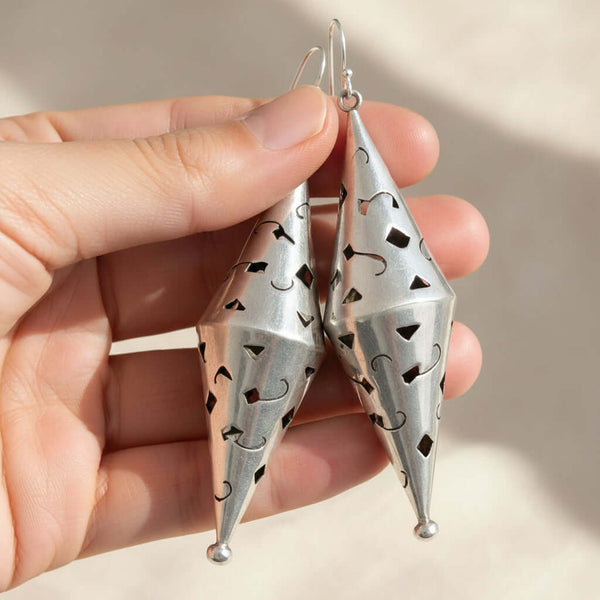 Vintage 3 Inch Sterling Silver Double Cone Cutout Earrings