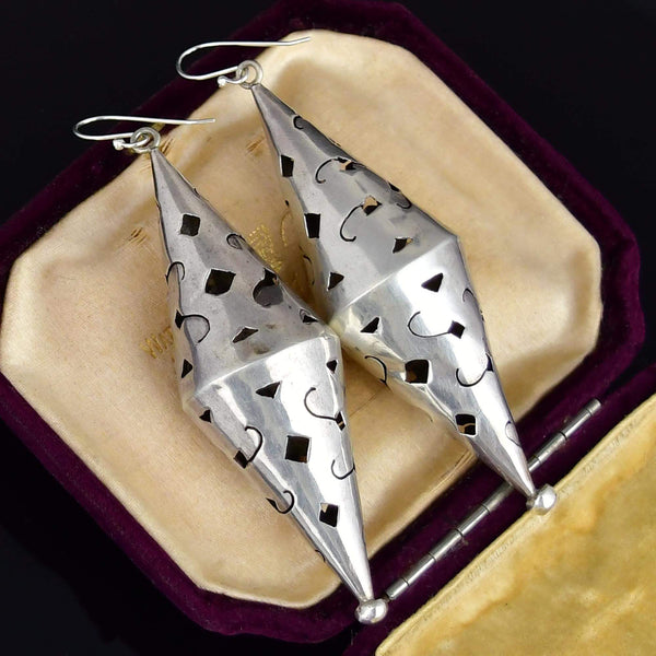 Vintage 3 Inch Sterling Silver Double Cone Cutout Earrings