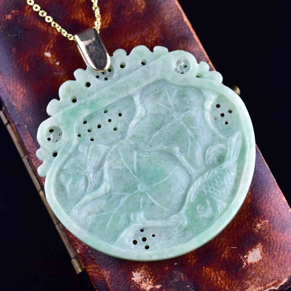 Vintage 14K Gold Carved Jade Fish Lilly Pad Pendant Necklace - Boylerpf