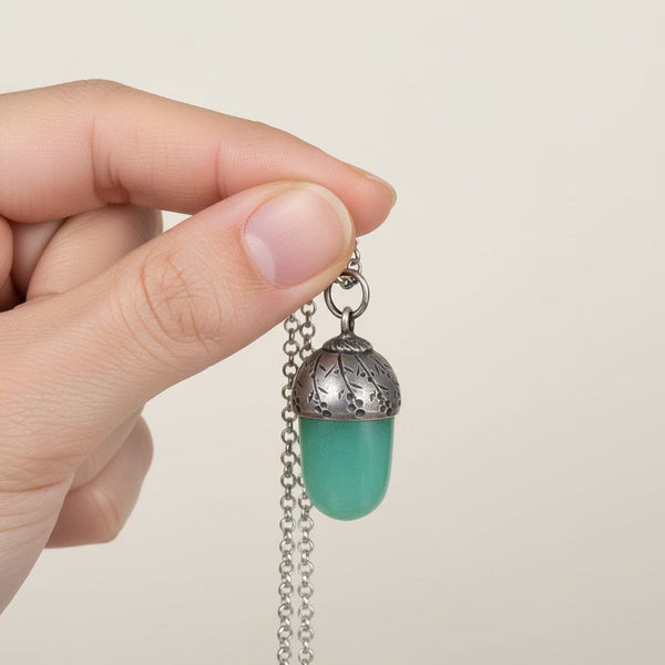 Antique Silver Arts & Crafts Aventurine Acorn Pendant, Lucky Charm