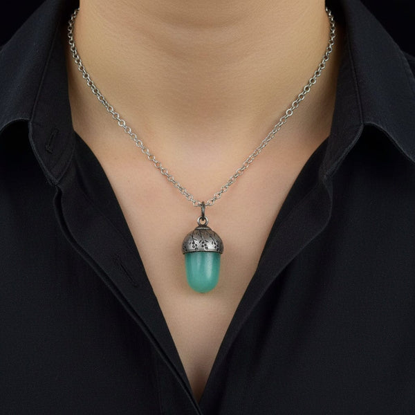 Antique Silver Arts & Crafts Aventurine Acorn Pendant, Lucky Charm