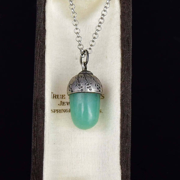 Antique Silver Arts & Crafts Aventurine Acorn Pendant, Lucky Charm