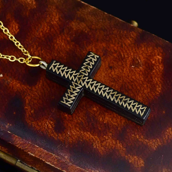 Antique Gold Inlay Pique Cross Pendant Necklace - Boylerpf