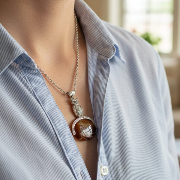 Vintage Banded Agate Sterling Silver Owl Spinner Necklace