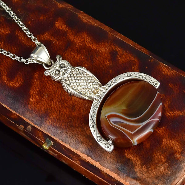 Vintage Banded Agate Sterling Silver Owl Spinner Necklace