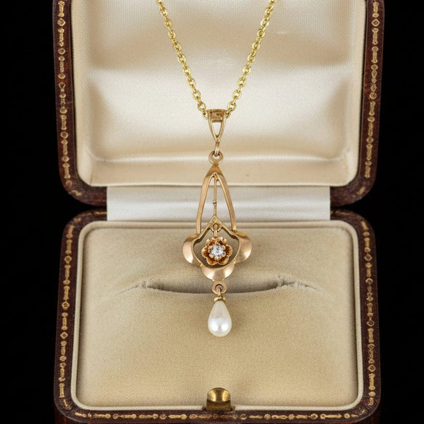 Antique Edwardian 10K Gold Diamond Pearl Lavalier Necklace - Boylerpf