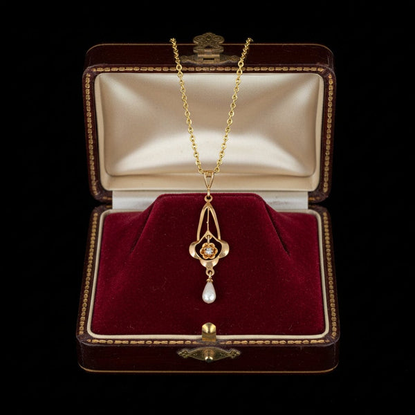 Antique Edwardian 10K Gold Diamond Pearl Lavalier Necklace - Boylerpf