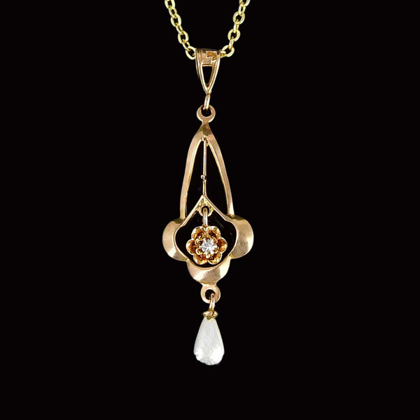 Antique Edwardian 10K Gold Diamond Pearl Lavalier Necklace - Boylerpf