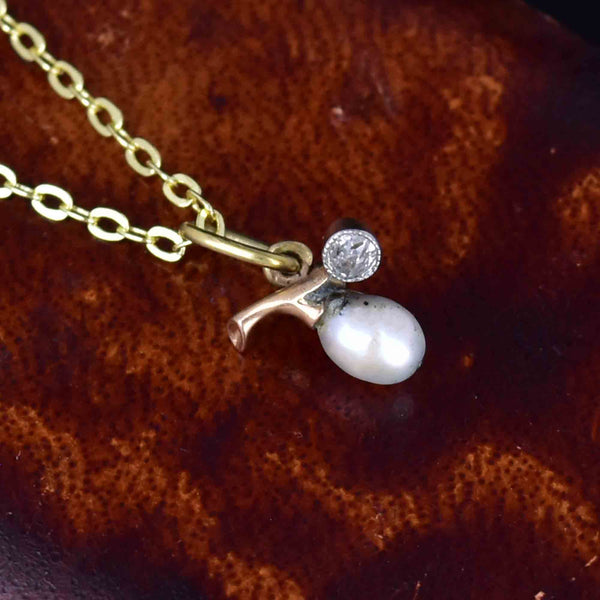 Antique Edwardian 14K Gold Diamond Pearl Charm Pendant Necklace - Boylerpf