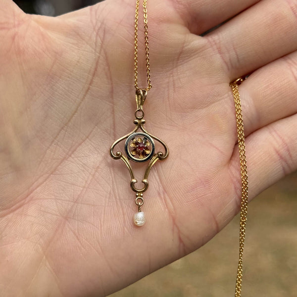 Antique Edwardian Gold Enamel Pearl Ruby Lavalier Pendant - Boylerpf
