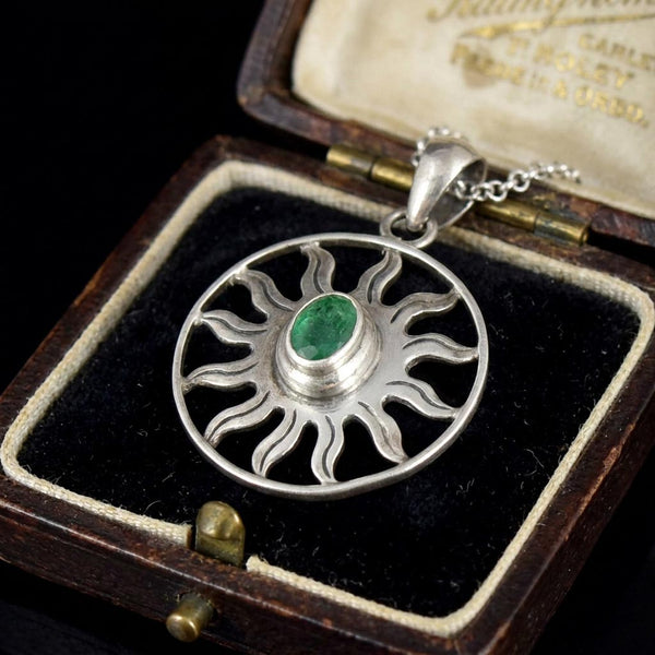 Vintage Emerald Sterling Silver Sun Pendant Necklace