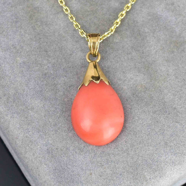 14K Gold Natural Salmon Coral Teardrop Pendant Necklace - Boylerpf