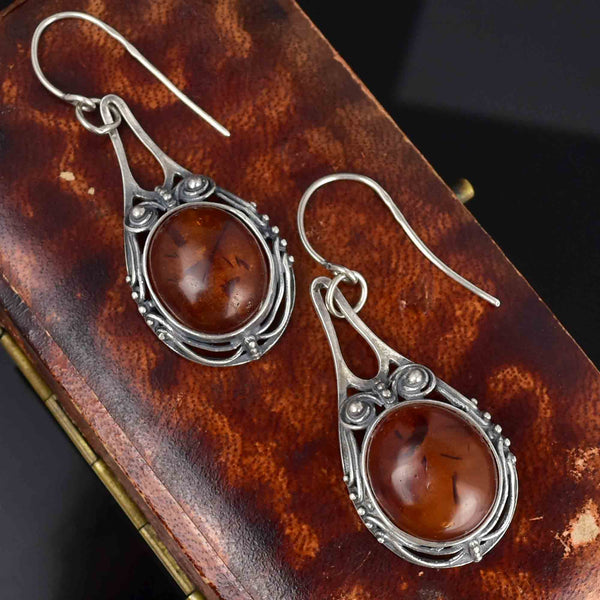 Arts and Crafts Style Silver Scroll Natural Amber Drop Earrings - Boylerpf