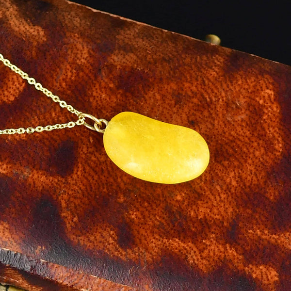 Vintage 9K Gold Lemon Quartz Lucky Bean Charm Necklace